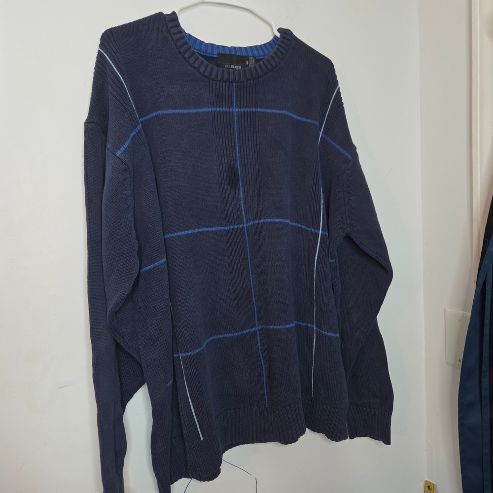 Bill Blass Mens 4X Sweater Navy Blue Cotton Grid Pattern Crew Neck Pullover